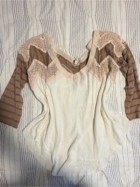 Free People Cream Ribbed 3/4 Sleeve Tee with Taupe Crochet Yoke
